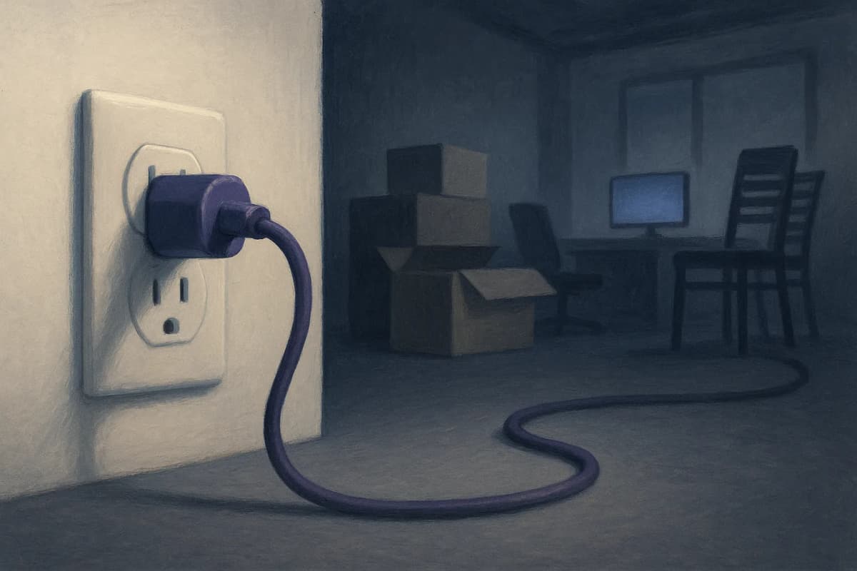 A single unplugged office wall socket with a live power cable still running from it into a dark, empty startup office — cardboard boxes packed, chairs stacked, one monitor still glowing.