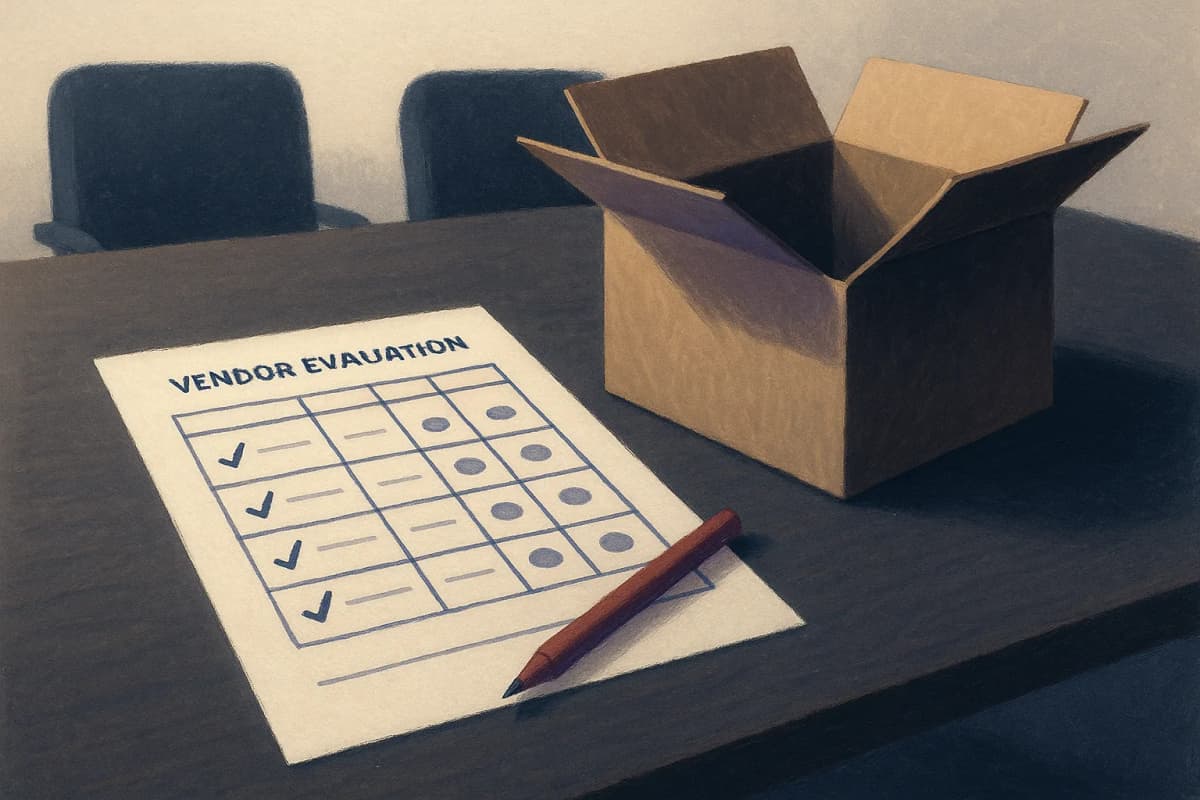 A boardroom table holding a printed vendor evaluation scorecard with a red pen lying across the bottom row, and beside it a half-packed cardboard moving box with its flaps open.