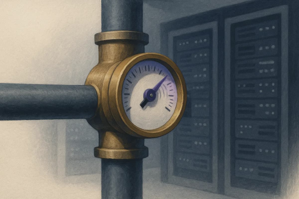 A brass inline flow meter bolted onto a thick pipe running through a server room, its dial spinning, with no shutoff valve anywhere along the pipe.