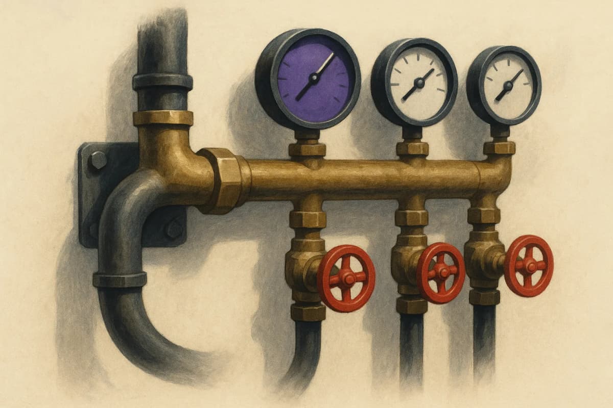 A brass water manifold bolted to a plant-room wall, one thick incoming pipe splitting into three outgoing pipes, each fitted with its own round pressure gauge and a red shutoff valve.