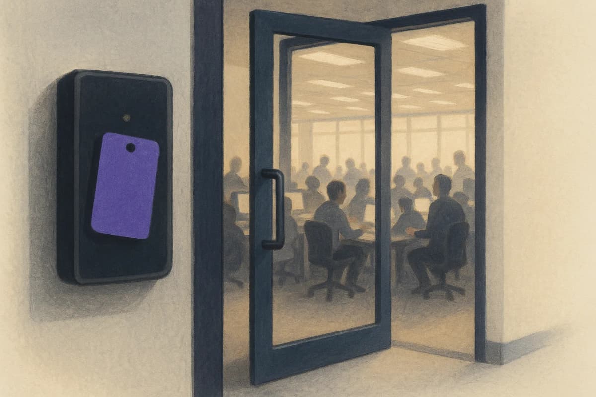 A propped-open glass office door with a dark, unlit card-reader panel mounted beside it, and a crowded open-plan room full of people visible through the doorway.