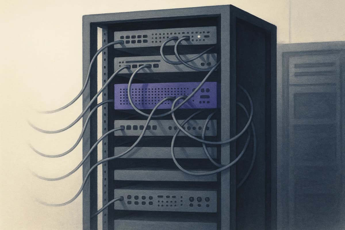 A tall open server rack in a machine room photographed from the side, eight horizontal shelves, five holding equipment and three standing completely empty, with patch cables running between the populated shelves.