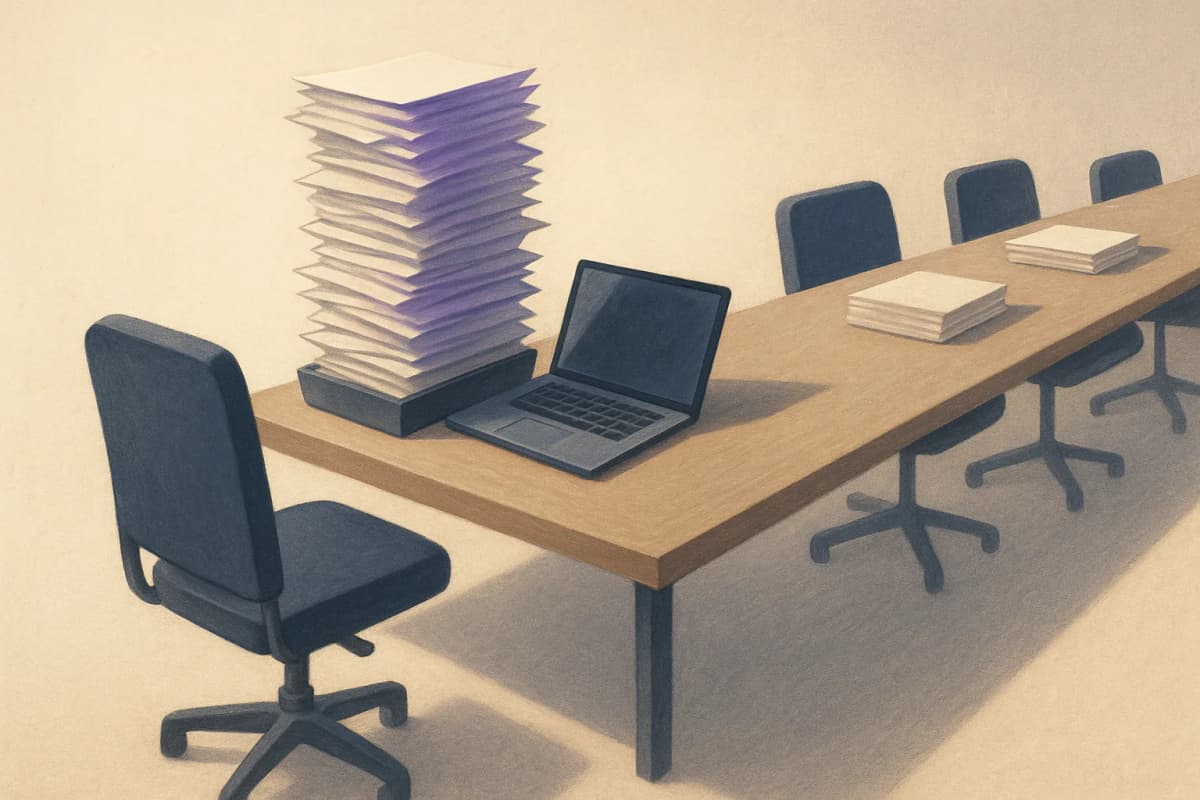A single office chair pulled up to one end of a long wooden desk where an overflowing paper in-tray towers beside an open laptop, while three empty chairs sit further down the same desk, each having pushed a neat finishe