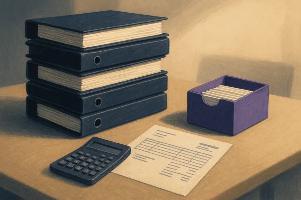 A tall stack of thick printed binders on a conference table beside a single slim index-card box, with a desk calculator and a printed invoice between them, lit by late-afternoon office light.