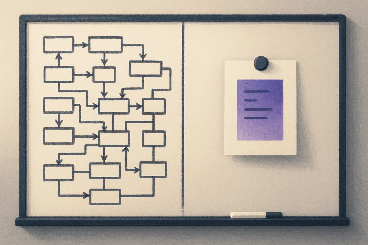 A conference-room whiteboard divided by a single vertical line, one half densely covered in hand-drawn pipeline boxes and connector arrows, the other half bare except for one sheet of paper held on by a magnet.