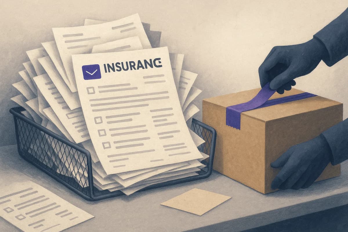 An overflowing metal in-tray of printed insurance claim emails and forms on a desk in a European insurance back office, with a cardboard shipping box beside it being taped shut.