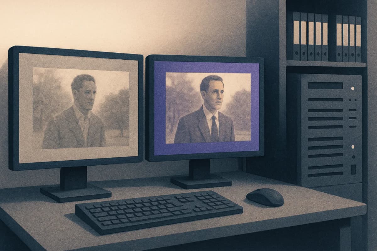 A broadcast archive room with a film-restoration workstation: two monitors showing the same grainy archival video frame side by side, one blurry and one sharply upscaled, next to a rack server and a shelf of labelled vid