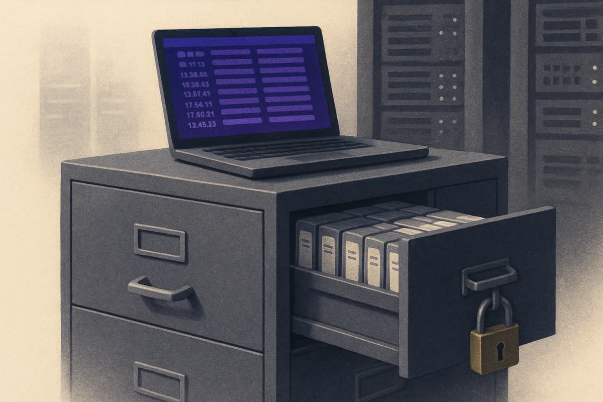 A steel archive cabinet in a server room with one drawer pulled open, filled with neatly labelled log tapes and a padlock hanging from the drawer handle, a laptop on top showing rows of timestamped records.