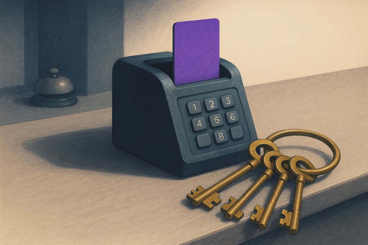 A hotel front-desk counter with a key-card encoder dispensing a single blank plastic key card, while a heavy ring of old brass master keys lies pushed aside at the edge of the counter.