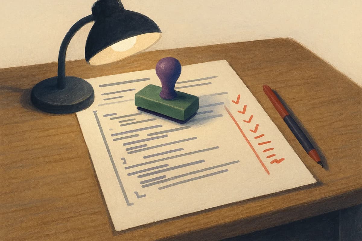 A printed code diff lying on a wooden desk under a lamp, a green rubber stamp resting on top of the page and red pen corrections scrawled down the right margin, with a red pen beside it; no readable text or logos.