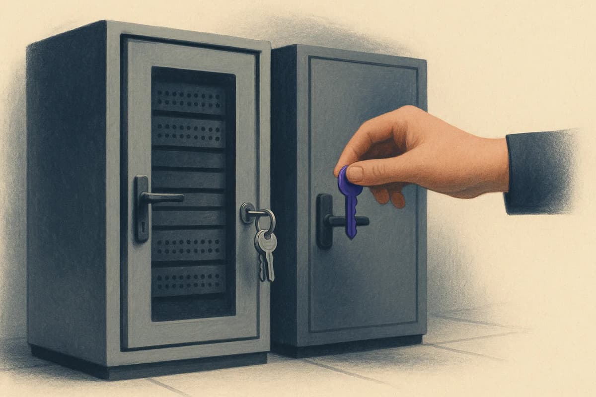 Two identical grey steel server cabinets standing side by side in a data-centre aisle: the left cabinet's door is open with a ring of keys hanging from its lock, and a hand is lifting one key across toward the second cab