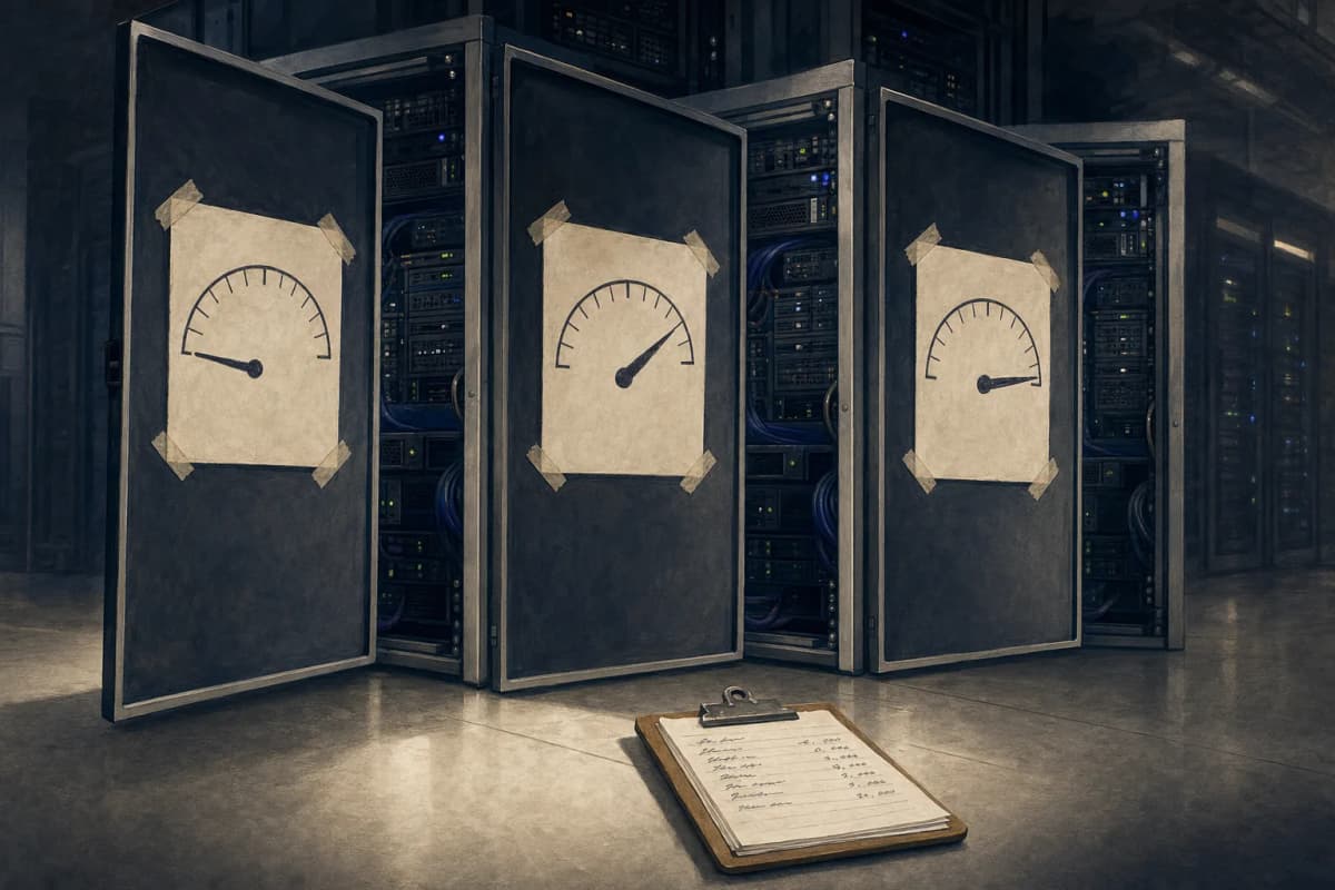 Three server rack doors standing open side by side in a dim data hall, each with a paper utility meter taped to it, one meter's dial barely moved and the others spun far further, a clipboard with a handwritten monthly bi