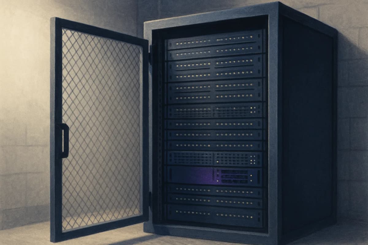 A rack-mounted server cabinet inside a windowless, concrete government facility, its heavy steel cage door standing half open, with one horizontal row of blade servers completely dark while every other row glows with sta