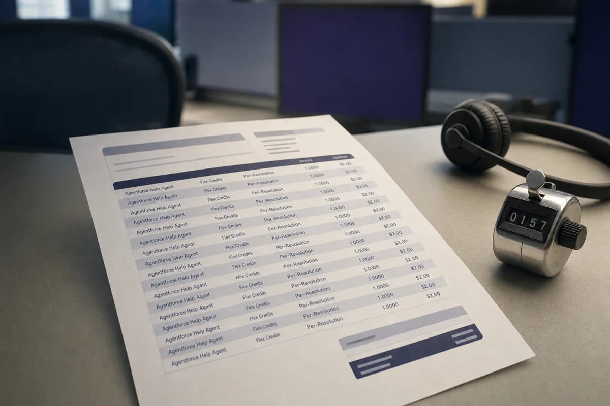 A printed invoice with long rows of identical line items lying on a contact-centre desk beside a handheld mechanical tally counter and a headset, under office lighting.