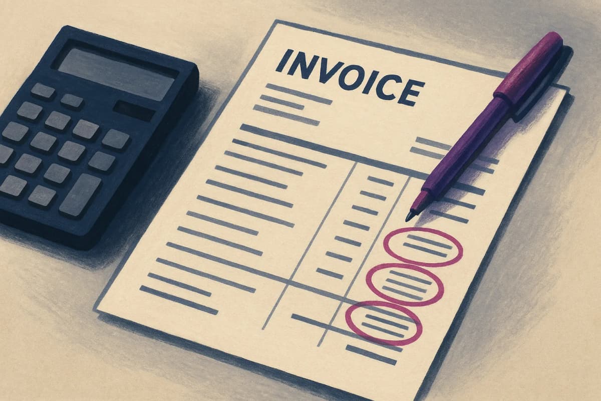 A printed enterprise software invoice on a desk beside a calculator, with three different unit-price line items circled in red pen.