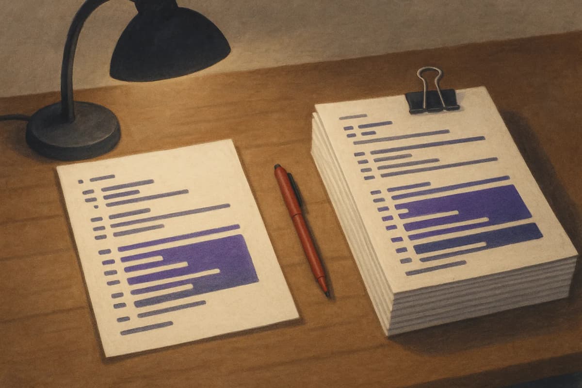 Two printed code diffs laid side by side on a wooden desk under a lamp: on the left a single stapled sheet, on the right a thick bulldog-clipped stack of pages, with a red pen resting between them. No readable text or lo
