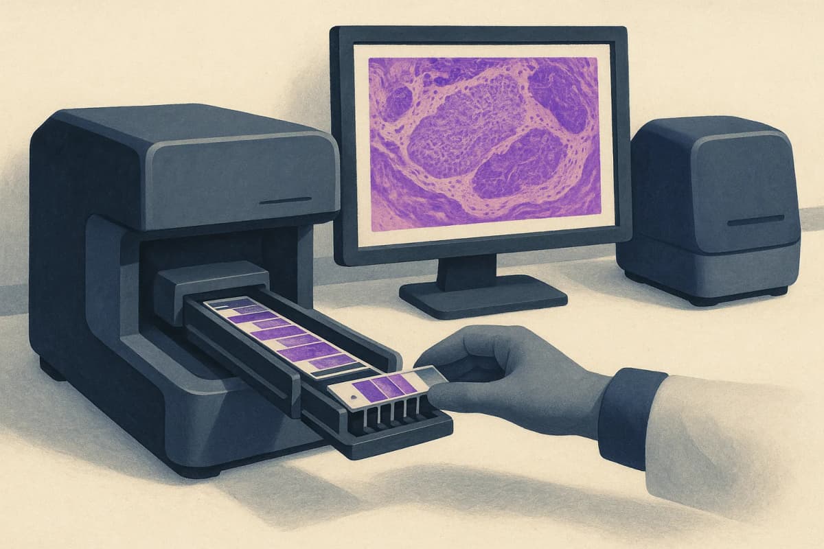 A hospital pathology lab bench with a glass microscope slide rack being loaded into a whole-slide scanner, a second scanner of a different design beside it, and a monitor showing a magnified pink-and-purple tissue image.