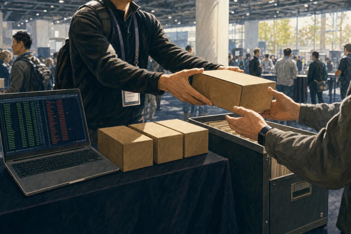 A conference expo hall table in San Jose with four plain unlabelled cardboard boxes being handed across it into a large open filing crate, a laptop beside them showing a terminal with rows of green and red test results.