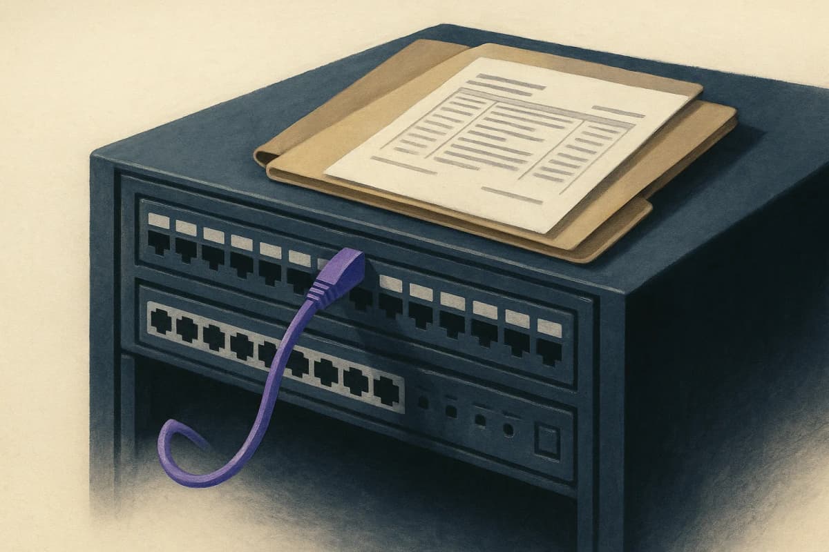 A server-room network patch panel with one bright cable unplugged and hanging loose, a printed audit log and a legal folder resting on top of the rack.