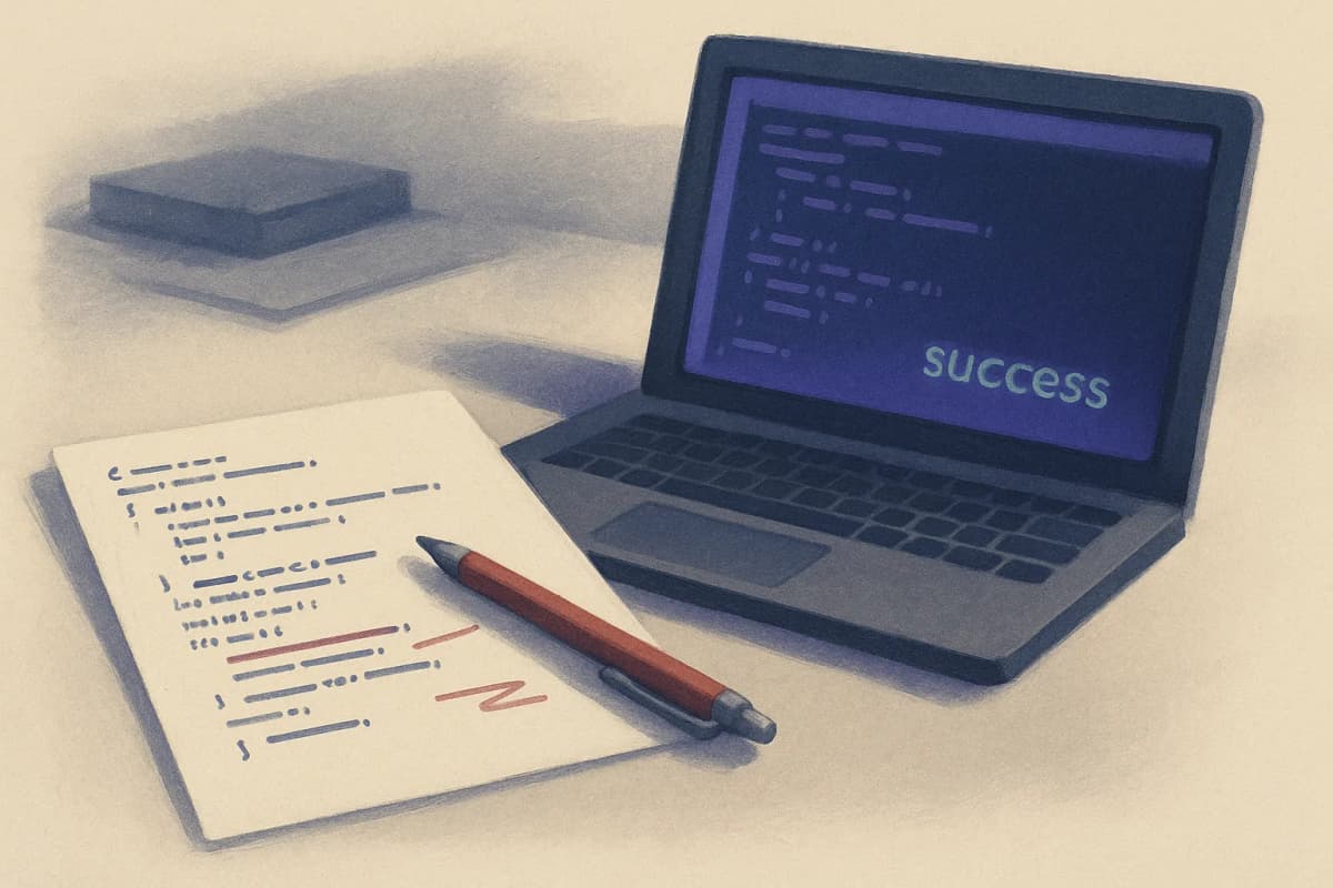 A printed C source listing on a desk with a red pen resting on it, beside a laptop showing a terminal with a green successful build line — the paper marked up, the screen showing success.