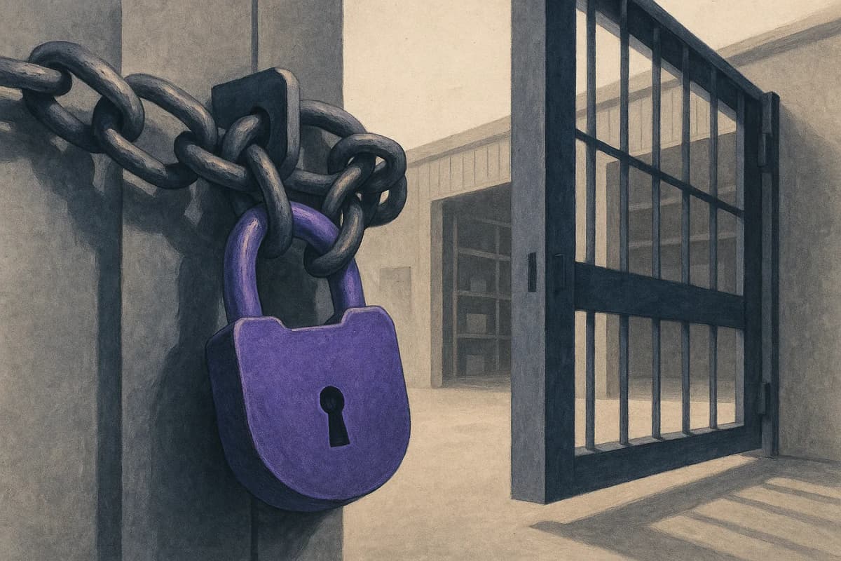 A heavy steel padlock and chain on an industrial warehouse gate, the chain looped around only one gatepost so the gate stands wide open beside the locked padlock.