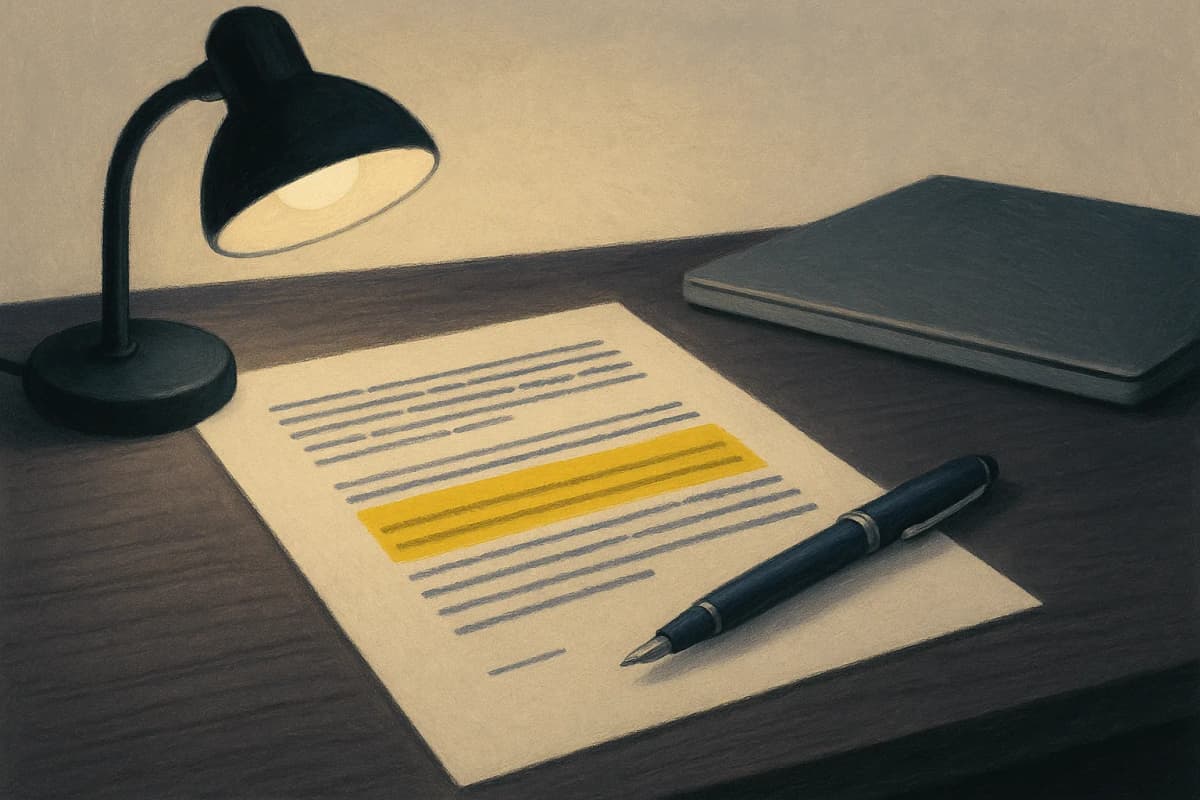 A printed contract page on a desk under a desk lamp, with one paragraph heavily highlighted in yellow marker and a pen resting on it, beside a closed laptop.