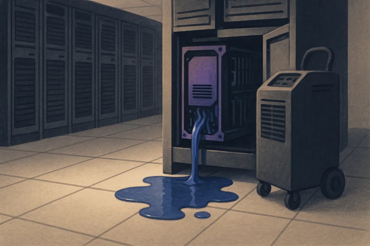 A row of liquid-cooled GPU server racks in a dim colocation data hall, coolant pooling on the raised floor beneath one open rack, and a wheeled emergency cooling unit parked in the aisle.