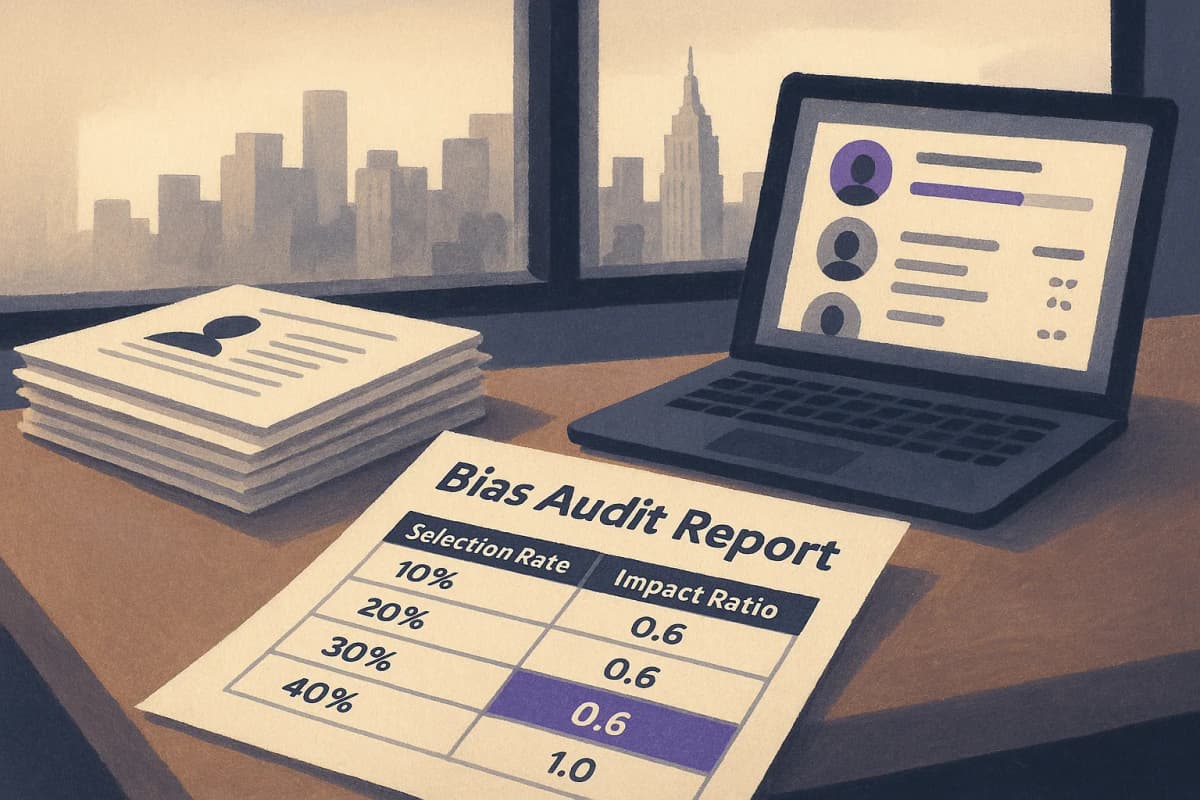 A printed bias audit report with a table of selection rates and impact ratios lying open on a hiring manager's desk beside a stack of paper resumes and a laptop showing a candidate ranking screen, in a New York office wi