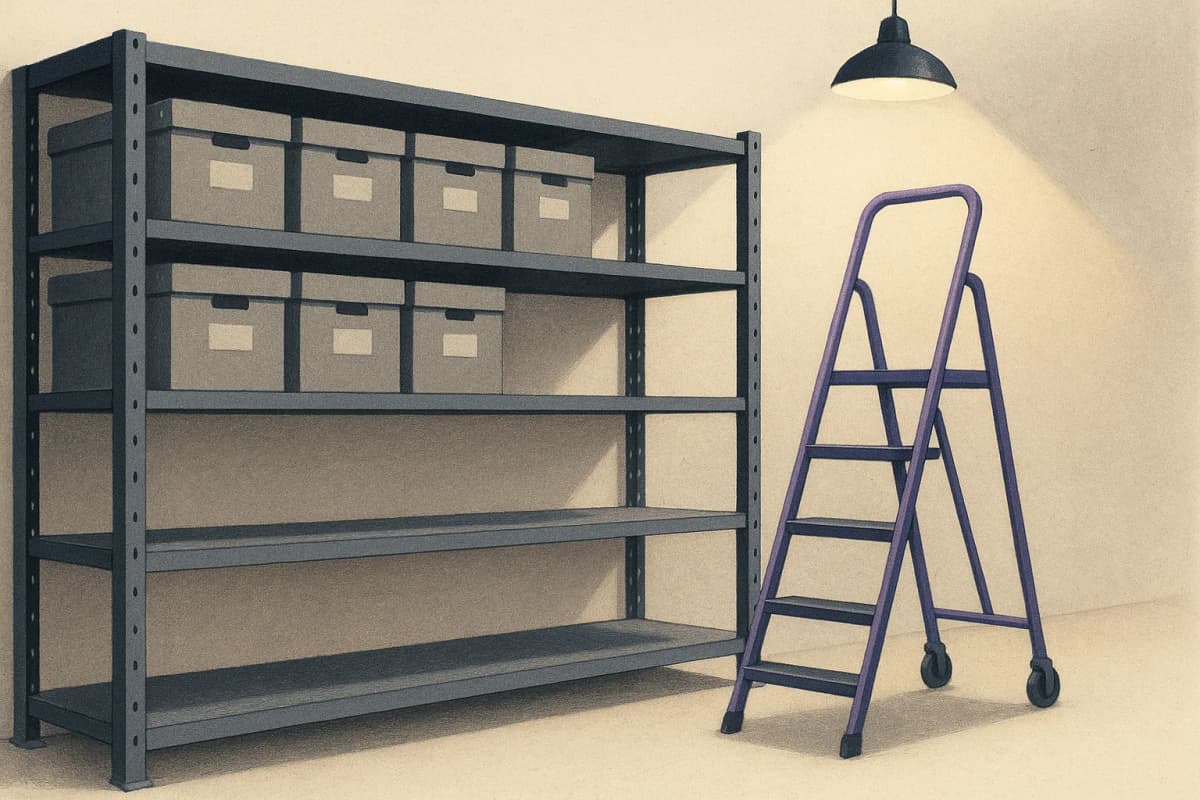 A long steel shelving rack in a records room holding identical grey archive boxes, the first two shelves packed tight and every shelf beyond them standing empty, a rolling ladder parked at the end under a single overhead