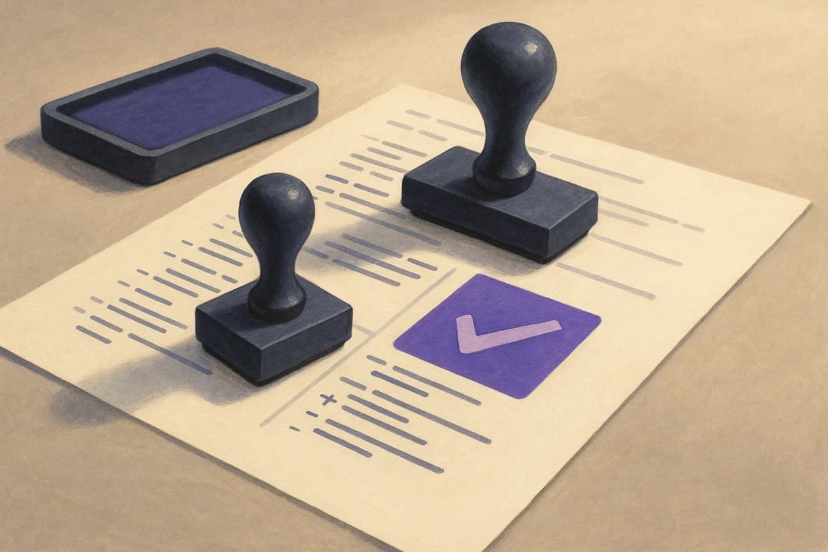A printed pull-request diff lying on a desk with two rubber approval stamps resting on it, both stamps cast identically and sharing a single ink pad. No text or logos legible in the scene.