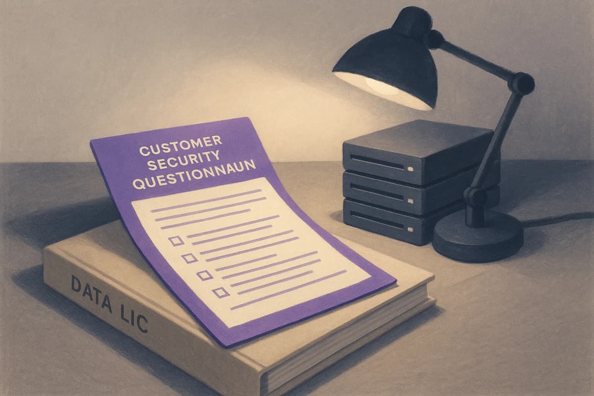 A product manager's desk with a printed customer security questionnaire open beside a stack of labelled external hard drives and a binder of signed data licence agreements, under a desk lamp.