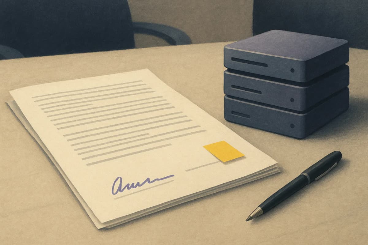 A signed multi-page vendor contract on a conference table, open to a page with a yellow sticky tab marking the termination section, beside a stack of external hard drives and a pen.