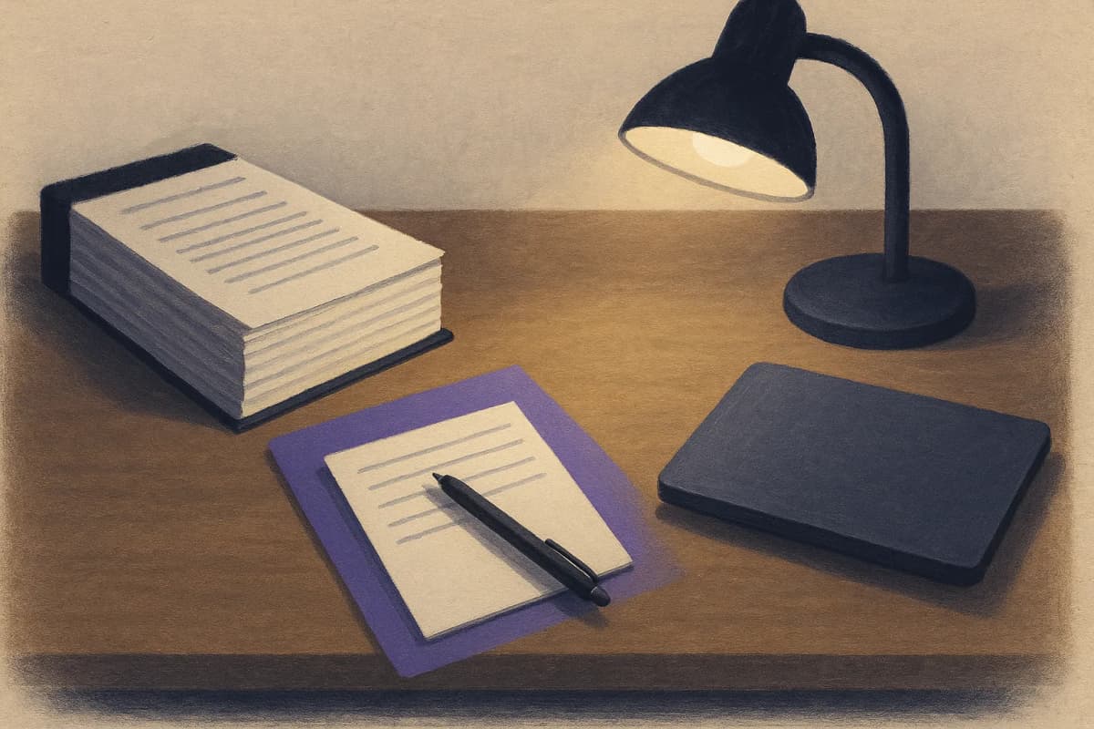 A thick printed vendor security questionnaire in a black binder clip pushed to the edge of a wooden desk, while a single index card and a pen sit under a desk lamp in the centre beside a closed laptop, late evening offic