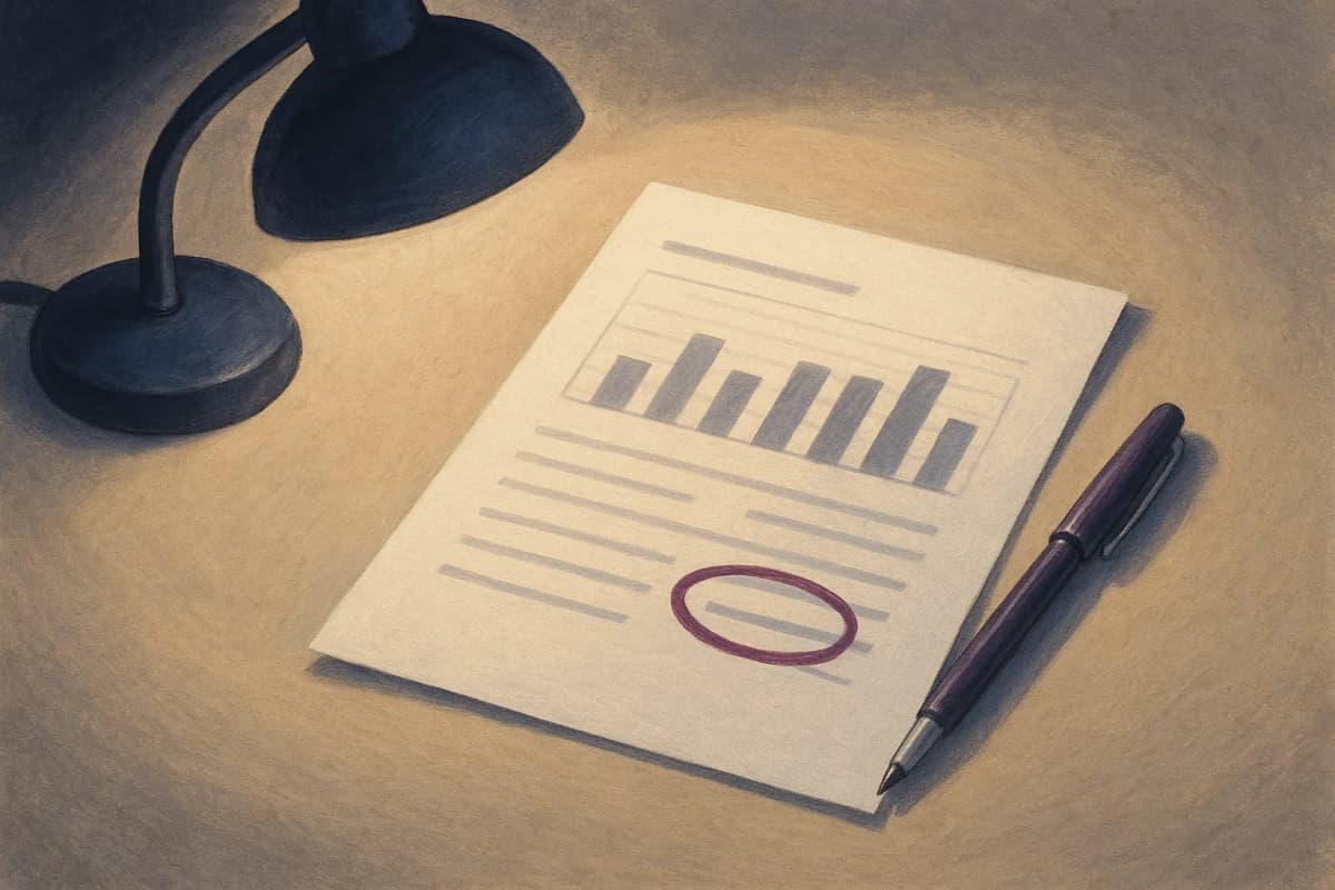 A printed quarterly earnings statement lying on a desk under a desk lamp, with one line item on the page circled in red pen and a pen resting beside it. No readable text or logos.