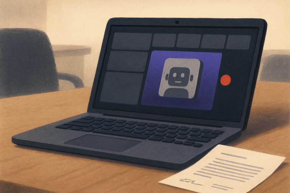 A small grey software bot tile sitting alone in the participant grid of a video conference on a laptop screen in an empty meeting room, a red recording dot glowing beside it, with a paper contract lying on the table in f