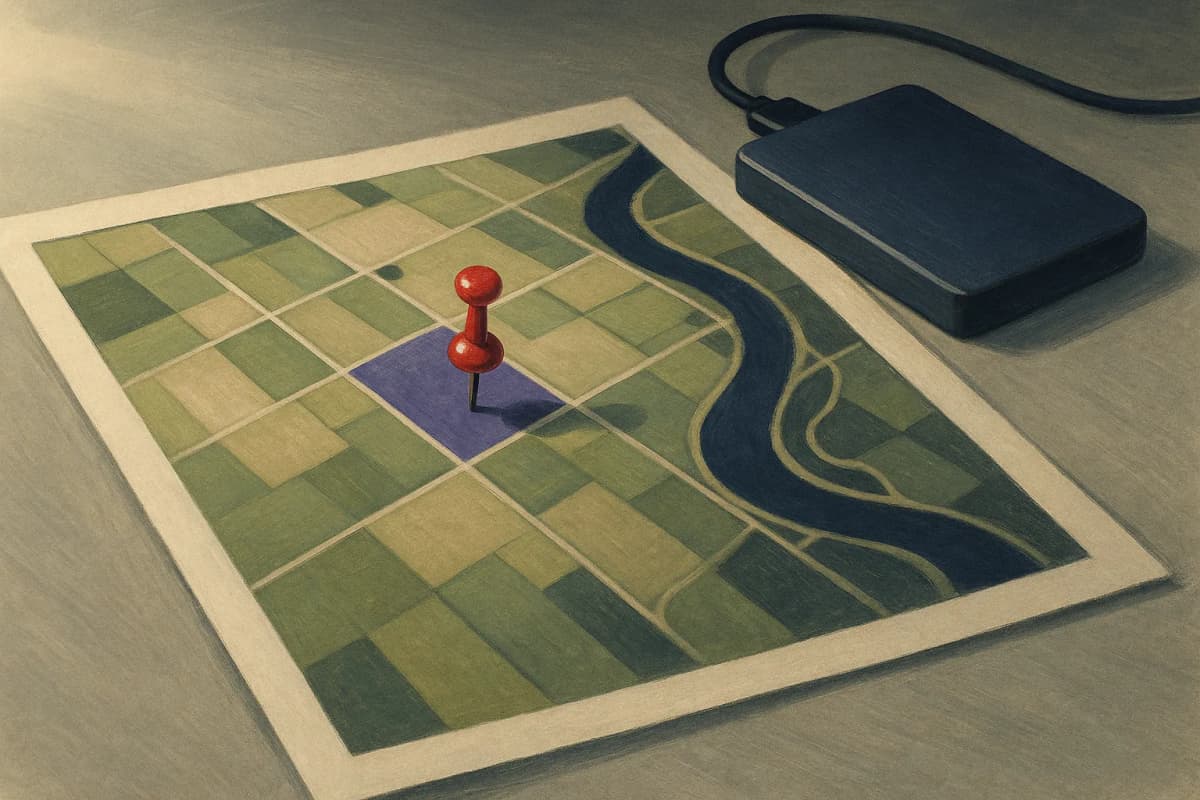 A printed satellite map of farm fields and a river floodplain spread across an office desk, with a small external hard drive and a red pushpin stuck into one field parcel.