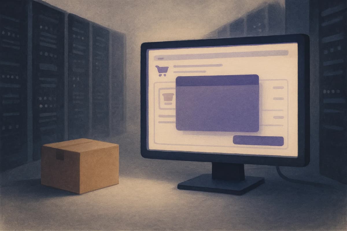 A computer monitor in a dim data-centre aisle showing an online store checkout page covered by a blank grey warning dialog box, with a cardboard delivery box sitting on the floor beside the server racks; no text or logos