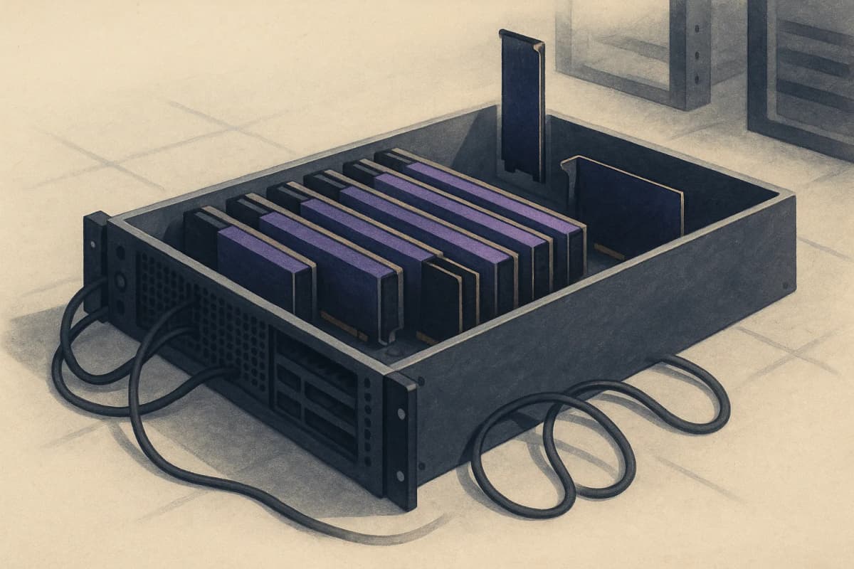 An open rack-mounted server chassis on a data-centre floor with eight GPU accelerator cards seated in a row and one slot standing conspicuously empty, cables draped over the rack rail. No text or logos in the scene.