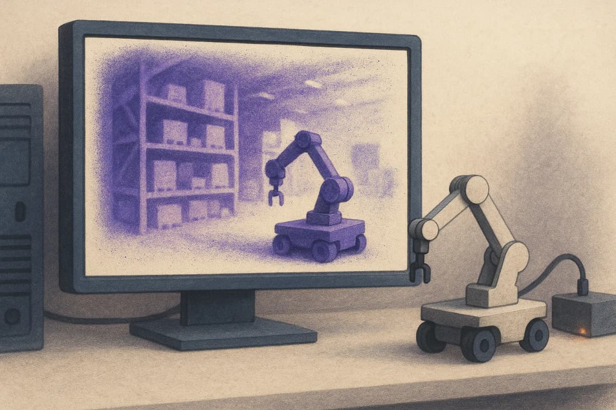 A robotics simulation workstation in a quiet engineering lab: a large monitor showing a photorealistic 3D warehouse scene made of soft point-cloud splats, a small wheeled robot arm prototype on the desk beside it, and an