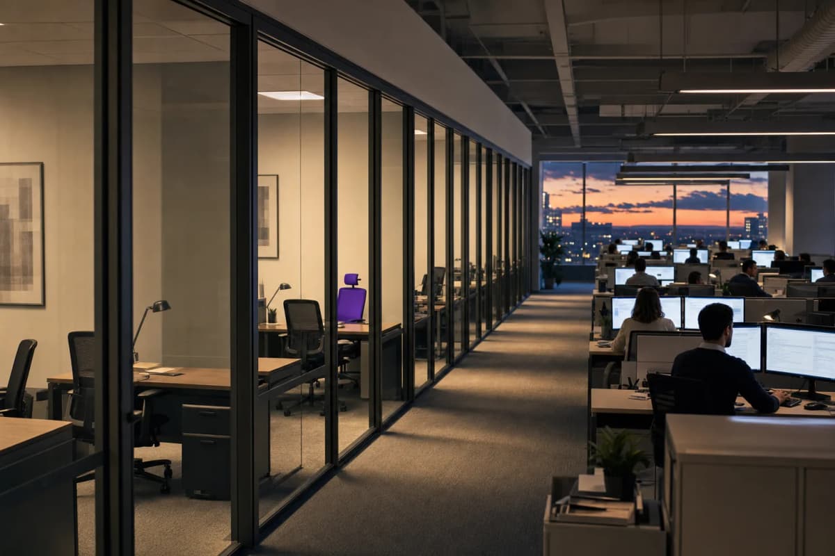 An office floor at dusk with a long row of empty glass-walled manager offices, chairs pushed in, beside an open-plan area of occupied desks with monitors glowing.