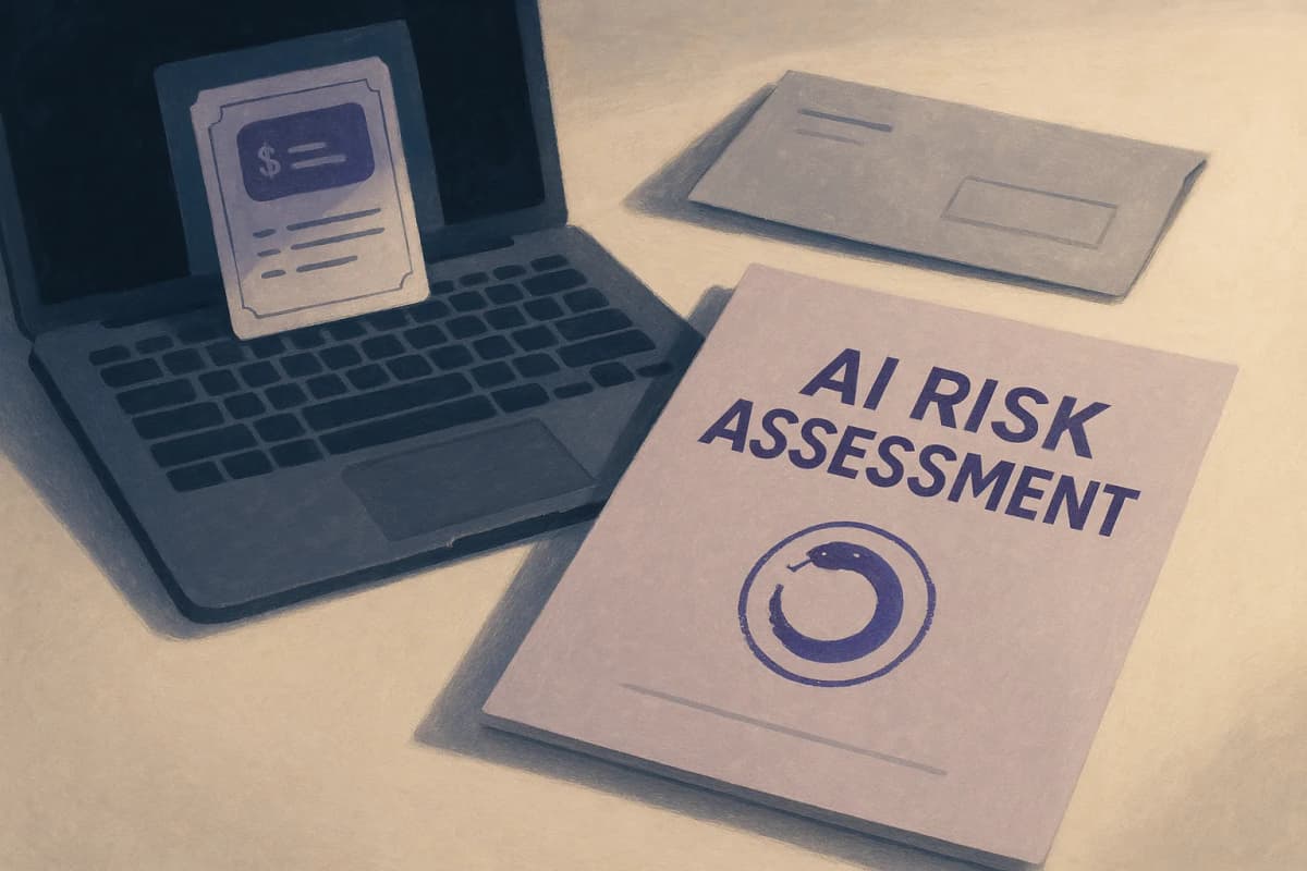 A printed AI red-team assessment report on a desk, its cover page stamped with a fresh corporate ownership stamp, beside an open laptop showing a subscription pricing card and a paper invoice envelope. No text or logos l