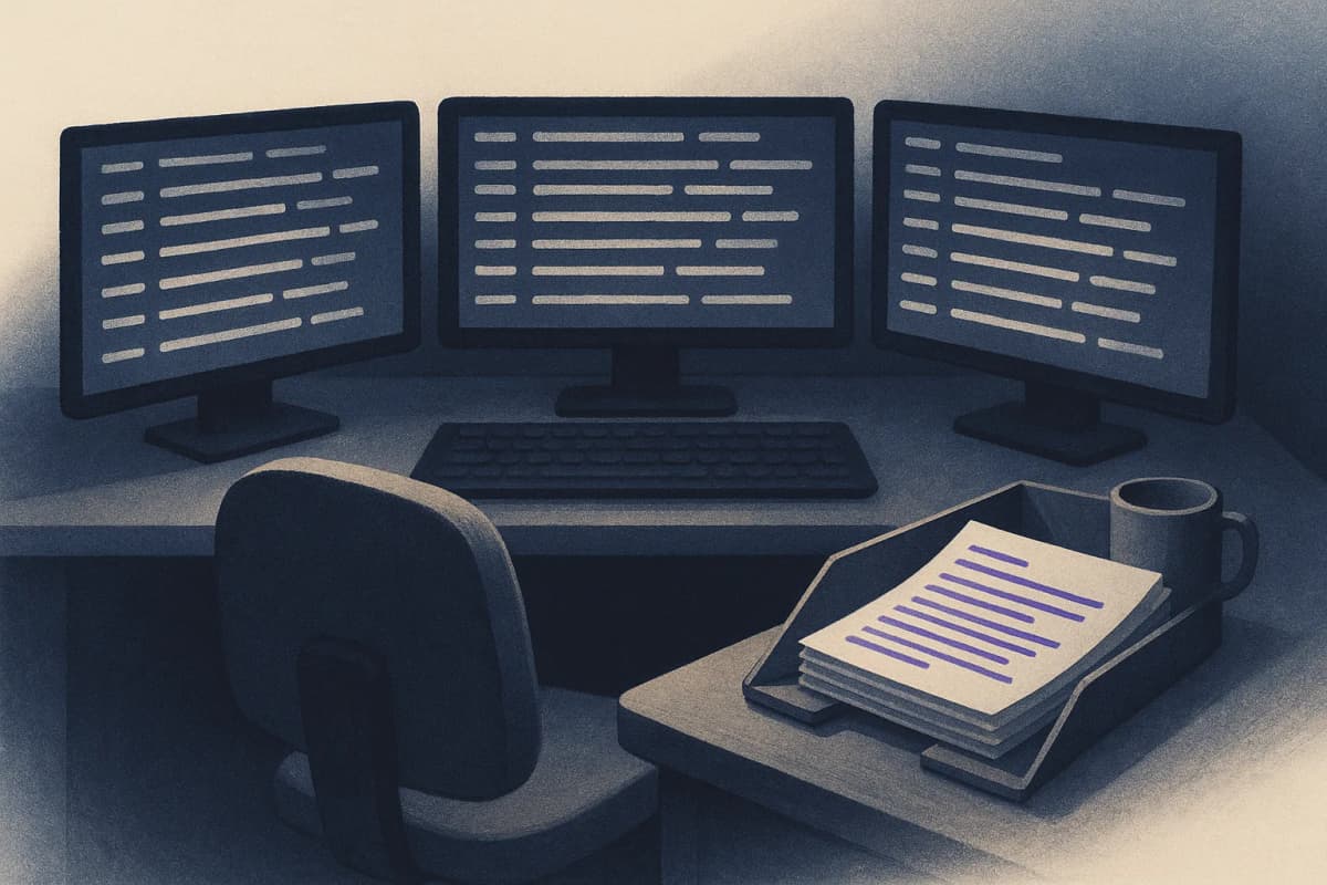 A security operations desk at night with a single reviewer's chair, three monitors showing scrolling rows of agent activity logs, and a paper tray holding a short stack of printed flagged transcripts beside an empty coff