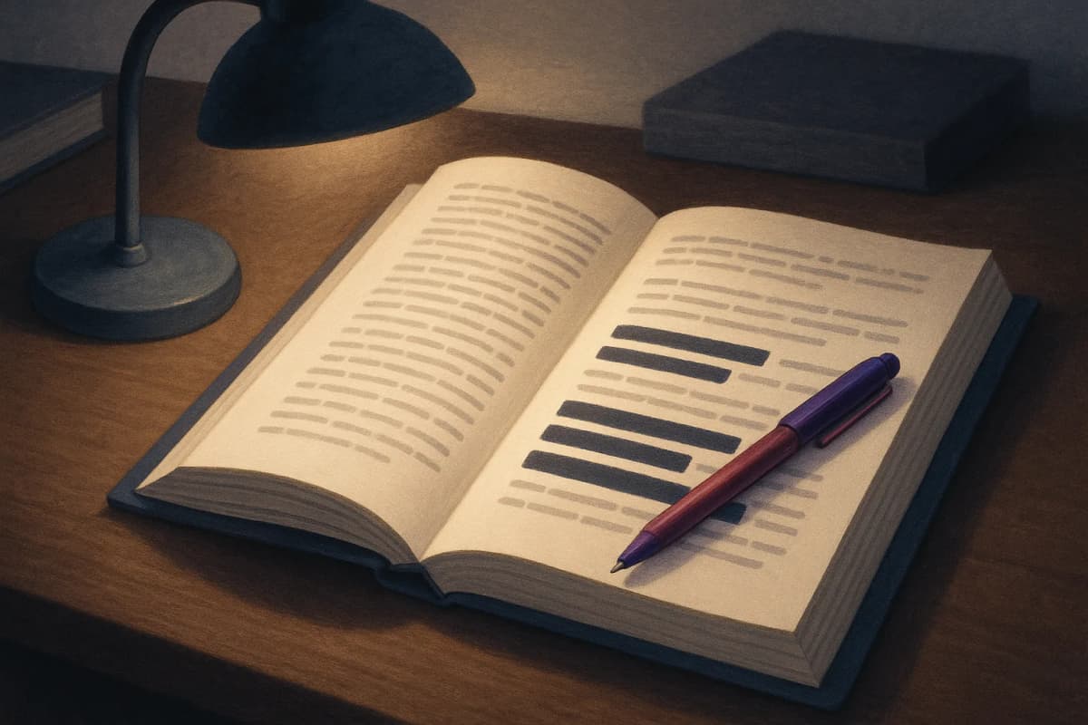 A thick printed risk report lying open on a desk under a lamp, several paragraphs blacked out with heavy redaction bars, a red pen resting across the page.