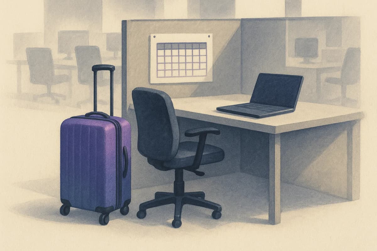 A software engineer's empty desk in an open-plan office with a packed carry-on suitcase beside the chair, a laptop closed on the desk and a printed 12-week project calendar pinned to the partition wall.