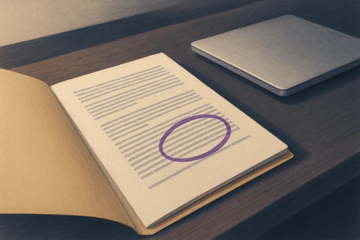 A manila folder of printed contract pages lying open on a polished boardroom table, one paragraph circled in red ink, beside a closed silver laptop.