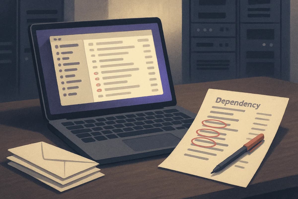 A server-room desk with an open laptop showing a long list of email bug reports, beside a printed dependency list with several library names circled in red pen and a stack of unopened envelopes.