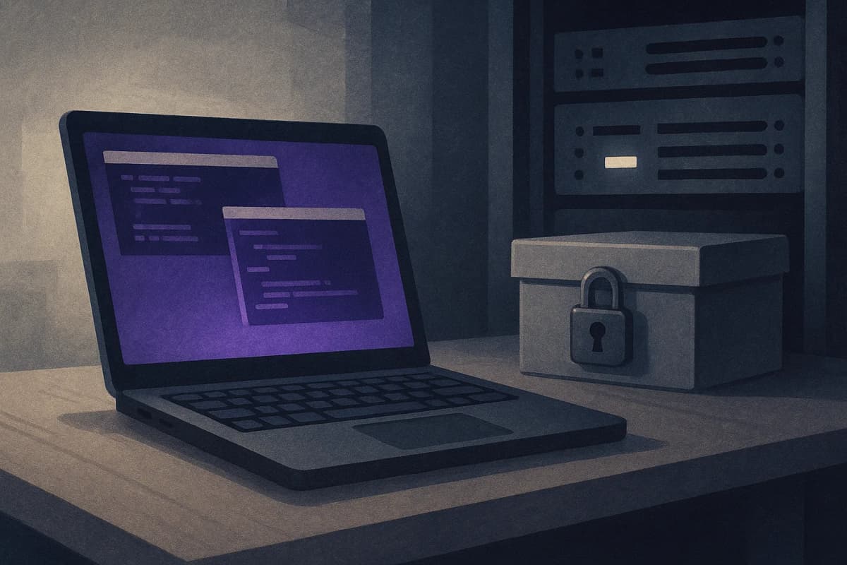 A penetration tester's laptop open on a desk in a dim security operations room, terminal windows glowing, next to a server rack with one drive bay lit and a padlocked log archive box on the shelf.
