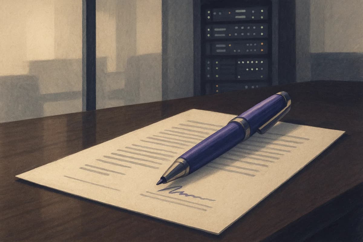 A single printed contract page pinned flat under a heavy pen on a dark polished boardroom table, with a lit server rack visible through a glass wall in the background. No readable text or logos.