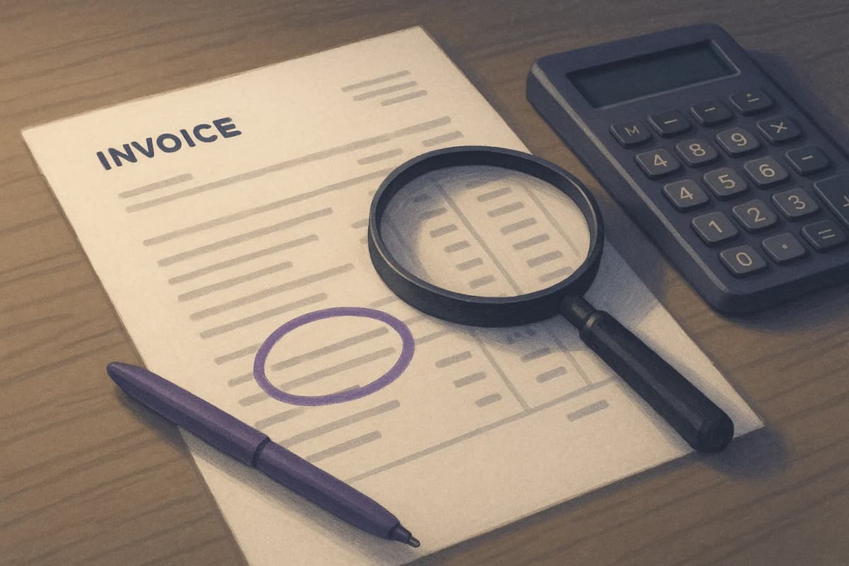 A close-up of a printed invoice lying on a wooden desk, one line item circled in red ballpoint pen, with a magnifying glass and a pocket calculator resting beside it; the printed characters are too small and blurred to r