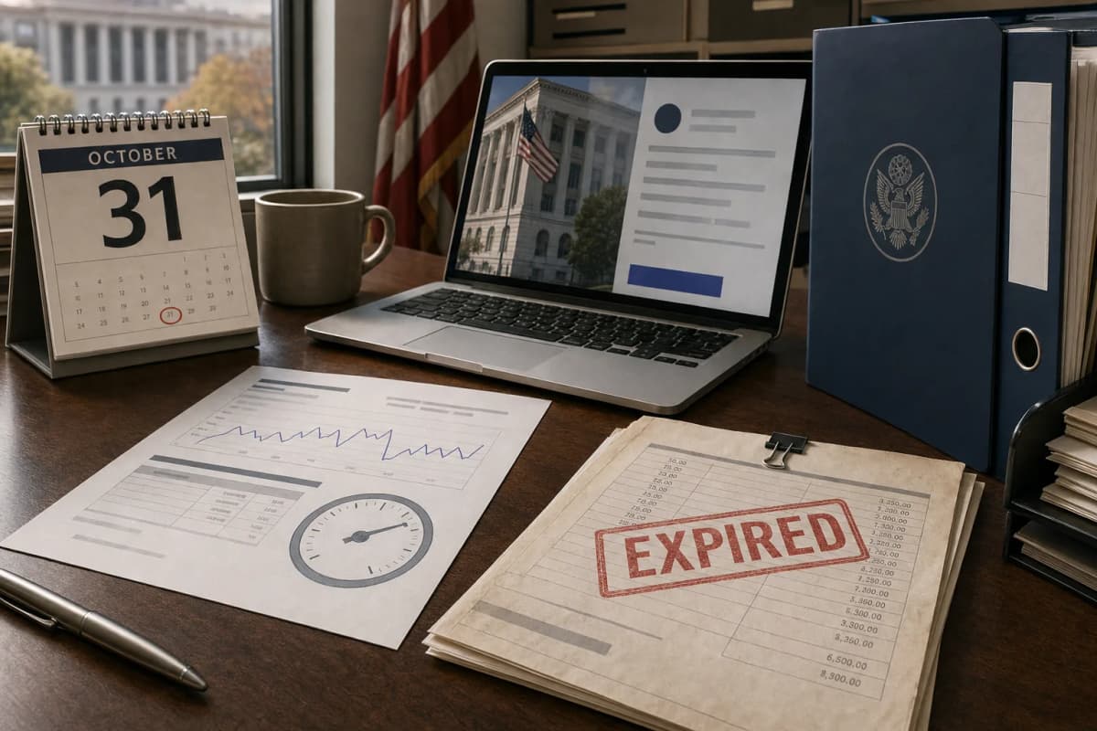 A government procurement office desk with a printed invoice showing a usage meter line next to a red-ink stamped expired price sheet, a desk calendar turned to October 31, and a laptop open beside a federal agency binder